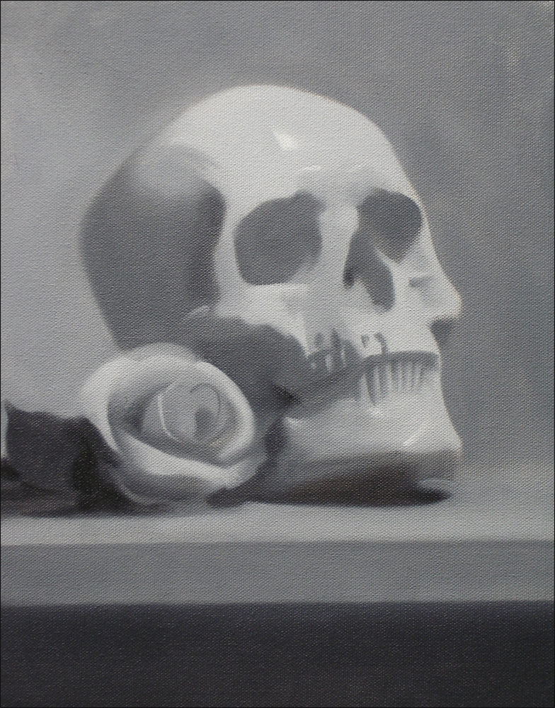 Grisaille Still Life With Rose, oil on canvas, 11x14 inches